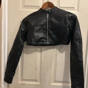 Fashion Nova Black Cropped Faux Leather Jacket - size small